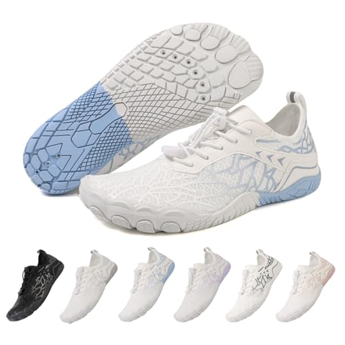 ZEPYFXIT Barfußschuhe Damen Herren Wasserschuhe Schnell Trocknend Badeschuhe Schwimmschuhe Surfschuhe Aquaschuhe rutschfeste Fitnessschuhe Strandschuhe Zehenschuhe(Weiß Blau,36 EU) von ZEPYFXIT
