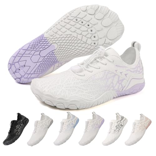 ZEPYFXIT Barfußschuhe Damen Herren Wasserschuhe Schnell Trocknend Badeschuhe Schwimmschuhe Surfschuhe Aquaschuhe rutschfeste Fitnessschuhe Strandschuhe Zehenschuhe(Weiß Lila,41 EU) von ZEPYFXIT