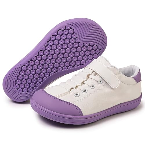 ZEPYFXIT Barfussschuhe Kinder Unisex Barfußschuhe Junge Mädchen Breite Zehenbox Minimalistische rutschfest Walking Schuhe Klettverschluss Traillaufschuhe(Weiß-Lila,31 EU) von ZEPYFXIT