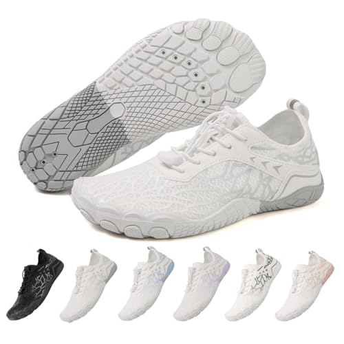 ZEPYFXIT Barfußschuhe Damen Herren Wasserschuhe Schnell Trocknend Badeschuhe Schwimmschuhe Surfschuhe Aquaschuhe rutschfeste Fitnessschuhe Strandschuhe Zehenschuhe(Weiß Grau,40 EU) von ZEPYFXIT