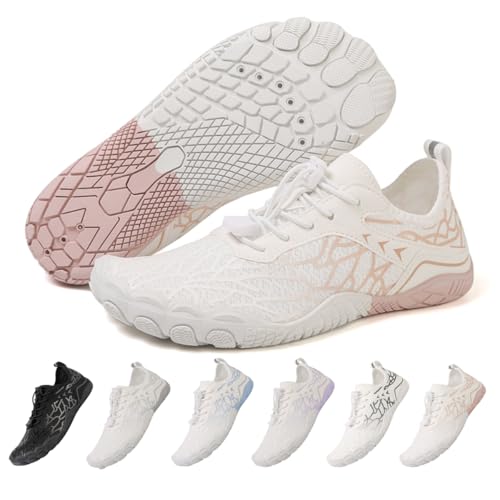 ZEPYFXIT Barfußschuhe Damen Herren Wasserschuhe Schnell Trocknend Badeschuhe Schwimmschuhe Surfschuhe Aquaschuhe rutschfeste Fitnessschuhe Strandschuhe Zehenschuhe(Weiß Rosa,38 EU) von ZEPYFXIT