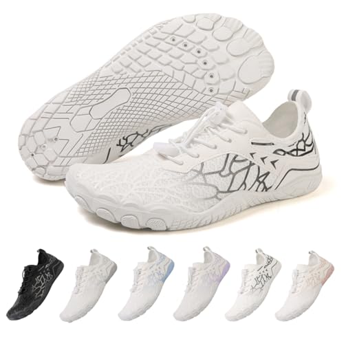 ZEPYFXIT Barfußschuhe Damen Herren Wasserschuhe Schnell Trocknend Badeschuhe Schwimmschuhe Surfschuhe Aquaschuhe rutschfeste Fitnessschuhe Strandschuhe Zehenschuhe(Weiß Schwarz,43 EU) von ZEPYFXIT
