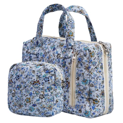 ZERFLUMP Niedliche, gesteppte Make-up-Tasche mit Blumenmuster (3 Stück), kokette, ästhetische Kosmetiktasche, Reise-Kulturbeutel, Kawaii-Ästhetiktasche für Damen, 14-Blau. Weinrebe, Casual von ZERFLUMP