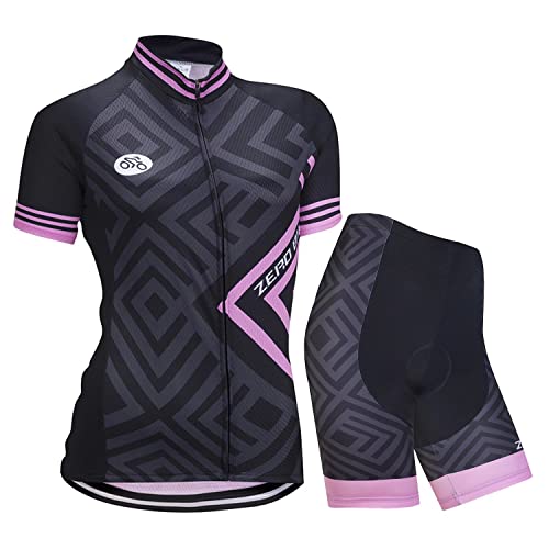 Damen Atmungsaktiv Schnelltrocknend Fahrradtrikot Set, Outdoor Kurzarm Radsport-Shirt + 3D Gel Gepolsterte Kurze Hose Fahrradhose, S, Diamantrosa von ZEROBIKE