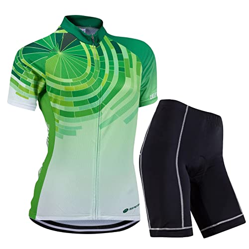 ZEROBIKE Damen Fahrradtrikot-Set, Radsport, atmungsaktiv, schnelltrocknend, Jersey, kurzärmelig, Jacke + 3D-Polsterung, enge Shorts von ZEROBIKE