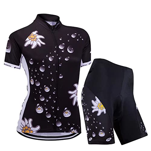 Damen Atmungsaktiv Schnelltrocknend Fahrradtrikot Set, Outdoor Kurzarm Radsport-Shirt + 3D Gel Gepolsterte Kurze Hose Fahrradhose (Schwarze Blume, XL) von ZEROBIKE