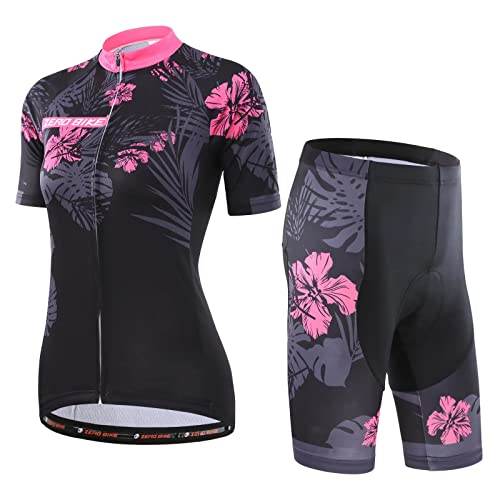 ZEROBIKE Damen Atmungsaktiv Schnelltrocknend Fahrradtrikot Set, Outdoor Kurzarm Radsport-Shirt + 3D Gel Gepolsterte Kurze Hose Fahrradhose, S, Azalee von ZEROBIKE