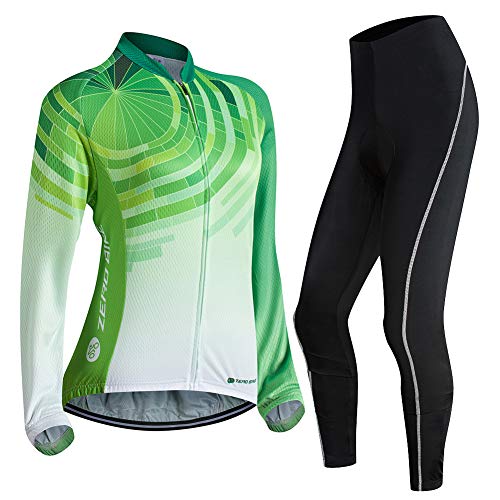 ZEROBIKE Damen Atmungsaktiv Schnelltrocknend Fahrradtrikot Set, Outdoor Lange Ärmel Radsport-Shirt + 3D Gel Gepolsterte Fahrradhose, M, 003 von ZEROBIKE