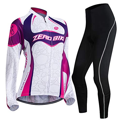 ZEROBIKE Damen Atmungsaktiv Schnelltrocknend Fahrradtrikot Set, Outdoor Lange Ärmel Radsport-Shirt + 3D Gel Gepolsterte Fahrradhose, S, 004 von ZEROBIKE