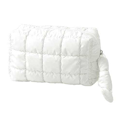 ZEROONEJIUJIU Baumwoll-Kosmetiktasche, geschwollene Make-up-Tasche, Reise-Kulturbeutel für Damen, karierte Reißverschlusstasche, Reise-Essential, tragbar, ästhetischer Make-up-Organizer, Tasche für von ZEROONEJIUJIU