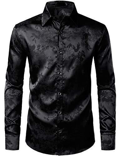 ZEROYAA Glänzende Satin-Rosenblüten für Herren, Jacquard, lange Ärmel, Knopfleiste, Hemden für Party, Abschlussball - Schwarz - Groß von ZEROYAA