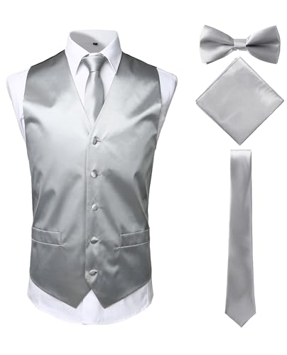 ZEROYAA Herren 4-teiliges Set aus glänzender Satin-Weste, Krawatte, Fliege, Einstecktuch, Set für Anzug oder Smoking - Silber - XX-Large von ZEROYAA