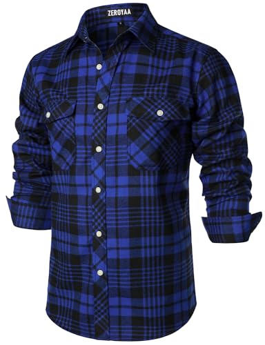 ZEROYAA Herren Casual Regular Fit Button Up Flanell Kariert Plaid Hemden mit Taschen, königsblau, Klein von ZEROYAA