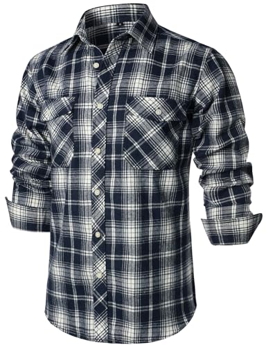ZEROYAA Herren Casual Regular Fit Button Up Flanell Kariert Plaid Hemden mit Taschen, marineblau, XX-Large von ZEROYAA