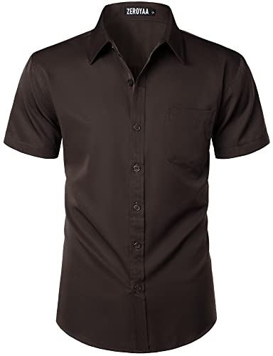 ZEROYAA Herren Casual Urban Stylish Slim Fit Kurzarm Button Up Kleid Hemd mit Tasche, braun, Klein von ZEROYAA