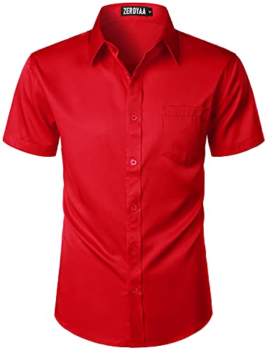 ZEROYAA Herren Casual Urban Stylish Slim Fit Kurzarm Knopfleiste Kleid Hemd mit Tasche - Rot - Groß von ZEROYAA