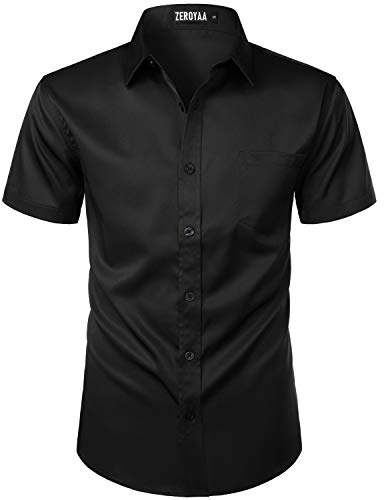 ZEROYAA Herren Casual Urban Stylish Slim Fit Kurzarm Knopfleiste Kleid Hemd mit Tasche - Schwarz - Mittel von ZEROYAA