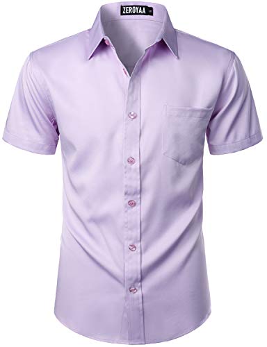 ZEROYAA Herren Casual Urban Stylish Slim Fit Kurzarm Knopfleiste Kleid Hemd mit Tasche - Violett - X-Groß von ZEROYAA