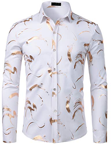 ZEROYAA Herren Geek Design metallisches Kupfer-goldene Slim fit Langarm-Tasten-Nieder-Kleid Tops zzcl10 x-Large zzcl10-weiß von ZEROYAA