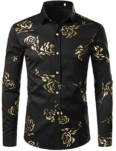 ZEROYAA Herren Geek Rose Gold Glänzend Blumen Druck Stilvoll Slim Fit Langarm Button Down Shirt - Gold - Mittel von ZEROYAA