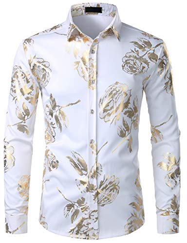 ZEROYAA Herren Geek Rose Gold Glänzend Blumen Druck Stilvoll Slim Fit Langarm Button Down Shirt - Weiß - Klein von ZEROYAA