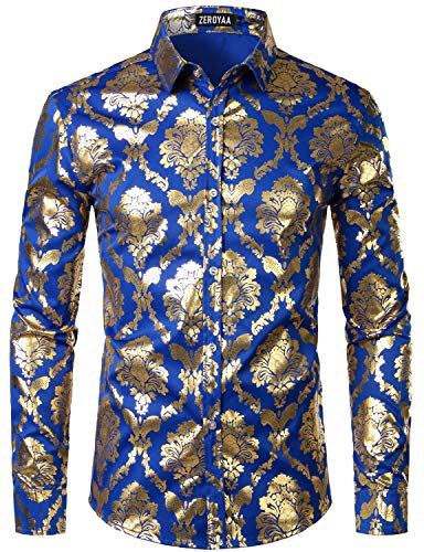 ZEROYAA Herren Hemd, luxuriös, glänzendes Golddesign, schmale Passform, lange Ärmel, Knopfleiste - Blau - X-Groß von ZEROYAA
