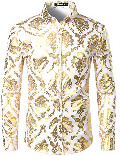 ZEROYAA Herren Hemd, luxuriös, glänzendes Golddesign, schmale Passform, lange Ärmel, Knopfleiste - Weiß - X-Groß von ZEROYAA