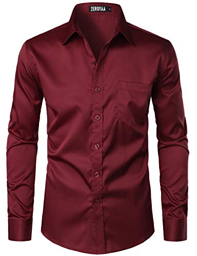 ZEROYAA Herren Hemd Urban Stylish Casual Business Slim Fit Langarm Button Up Kleid Hemd mit Tasche, Burgunder, XX-Large von ZEROYAA