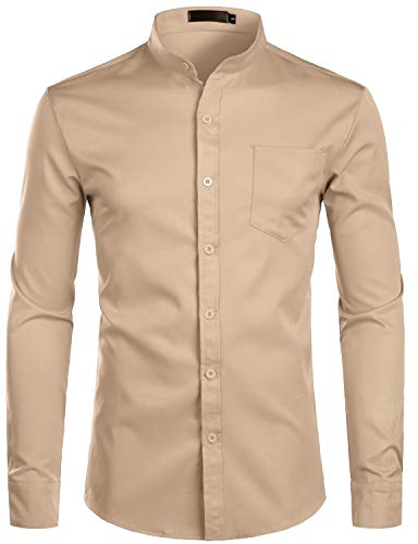 ZEROYAA Herren Hemd mit Bandkragen, schmale Passform, langärmelig, lässig, Button-Down-Kleid, Hemden mit Tasche - Braun - Groß von ZEROYAA