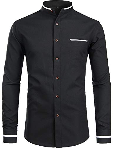 ZEROYAA Herren Hipster Mandarinenkragen Slim Fit Langarm Casual Button Down Oxford Kleid Hemd mit Tasche, Z113-schwarz, 3X-Groß von ZEROYAA
