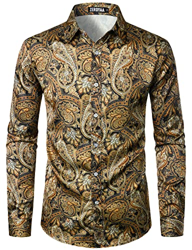 ZEROYAA Herren Hipster Printed Slim Fit Langarm Button Up Satin Kleid Shirts, 110 - Gold, L von ZEROYAA