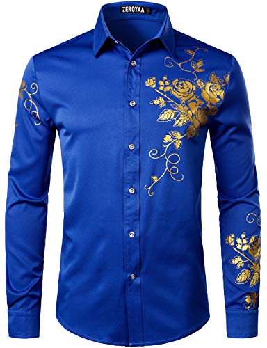 ZEROYAA Herren Hipster Rose Floral Printed Slim Fit Langarm Button Up Party Dress Shirts - Blau - Mittel von ZEROYAA