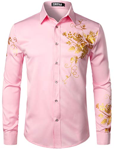 ZEROYAA Herren Hipster Rose Floral Printed Slim Fit Langarm Button Up Party Dress Shirts - Pink - X-Groß von ZEROYAA