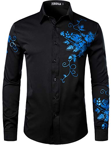 ZEROYAA Herren Hipster Rose Floral Printed Slim Fit Langarm Button Up Party Kleid Shirts, Black Royal, Klein von ZEROYAA