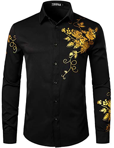 ZEROYAA Herren Hipster Rose Floral Printed Slim Fit Langarm Button Up Party Kleid Shirts, Schwarz Gold, Mittel von ZEROYAA