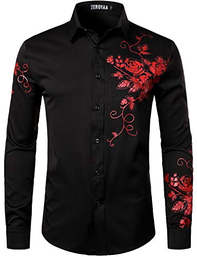 ZEROYAA Herren Hipster Rose Floral Printed Slim Fit Langarm Button Up Party Kleid Shirts, Schwarz Rot, Mittel von ZEROYAA