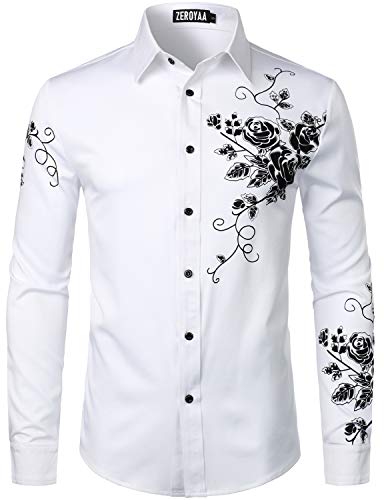 ZEROYAA Herren Hipster Rose Floral Printed Slim Fit Langarm Button Up Party Kleid Shirts, Weiß, Schwarz, Mittel von ZEROYAA