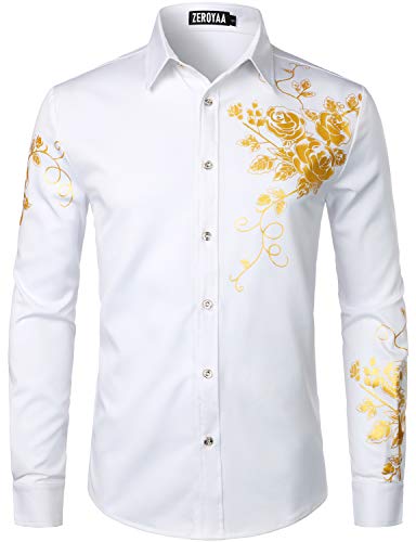 ZEROYAA Herren Hipster Rose Floral Printed Slim Fit Langarm Button Up Party Kleid Shirts, weißgold, Mittel von ZEROYAA