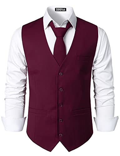 ZEROYAA Herren Hipster Urban Design 3 Taschen Business Formal Kleid Weste für Anzug Smoking, Zlsv16-wine Rot, Medium von ZEROYAA