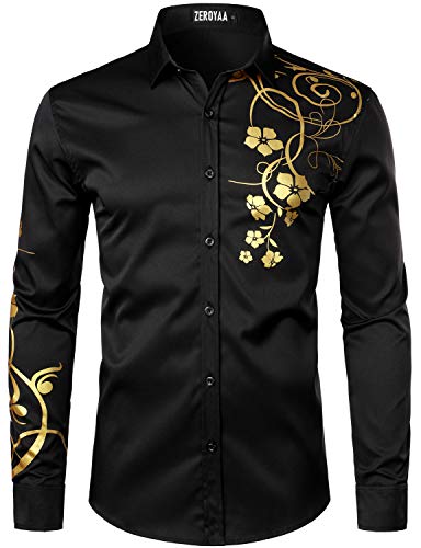 ZEROYAA Herren Hipster glänzendes Design Slim Fit Langarm Knopfleiste Party Kleid Hemden - Schwarz - Groß von ZEROYAA