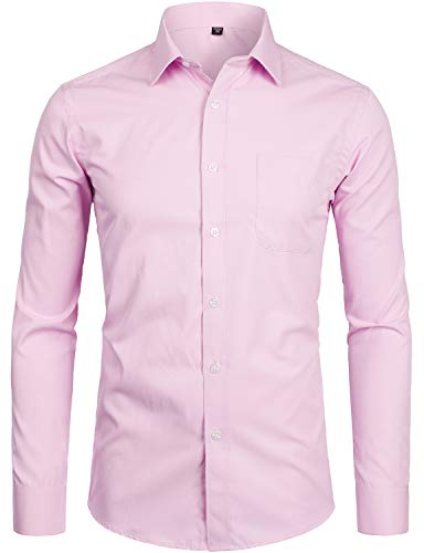 ZEROYAA Herren Langarm Kleid Hemd Solid Slim Fit Casual Business Formelle Knopfleiste Hemden mit Tasche - Pink - Mittel von ZEROYAA