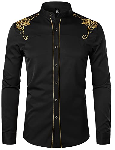 ZEROYAA Herren Luxus Gold Stickerei Design Slim Fit Langarm Button Up Kleid Hemden, Zhcl50-black, Klein von ZEROYAA