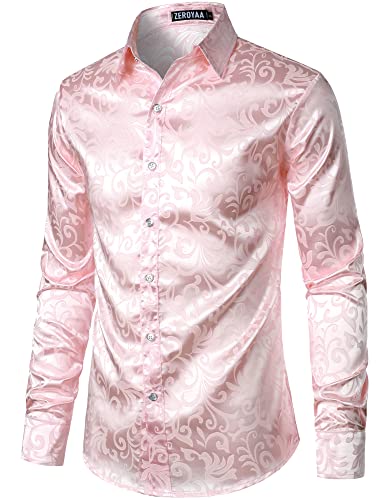 ZEROYAA Herren Luxus Jacquard Langarm Kleid Hemd Glänzend Satin Slik Like Hochzeit Party Prom Shirts, Pink, Mittel von ZEROYAA