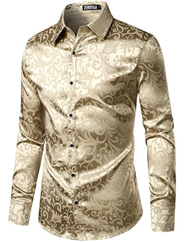 ZEROYAA Herren Luxus Jacquard Langarm Kleid Hemd Glänzend Satin Slik Like Hochzeit Party Prom Shirts - Beige - Mittel von ZEROYAA