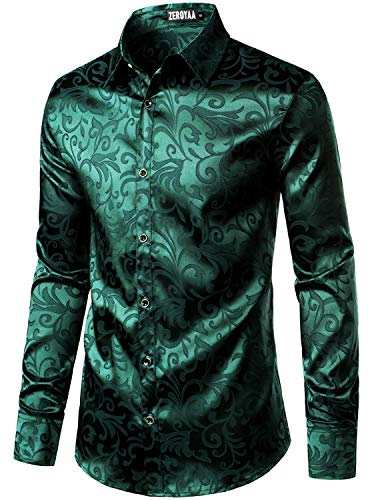 ZEROYAA Herren Luxus Jacquard Langarm Kleid Hemd Glänzend Satin Slik Like Hochzeit Party Prom Shirts - Grün - Klein von ZEROYAA