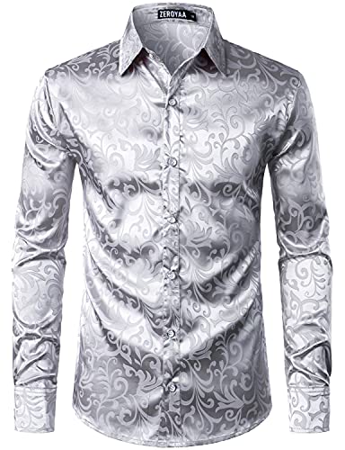 ZEROYAA Herren Luxus Jacquard Langarm Kleid Hemd Glänzend Satin Slik Like Hochzeit Party Prom Shirts - Silber - X-Groß von ZEROYAA