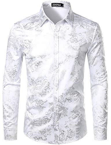 ZEROYAA Herren Luxus Paisley Gold Glänzend Bedruckt Stilvoll Slim Fit Button Down Kleid Shirt, Zlcl18-white silver, XL von ZEROYAA