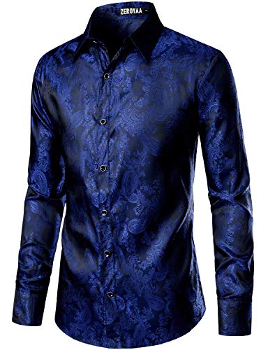 ZEROYAA Herren Paisley Jacquard Slim Fit Langarm Knopfleiste Hemd für Party Abschlussball - Blau - X-Groß von ZEROYAA