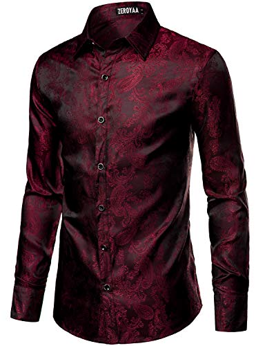 ZEROYAA Herren Paisley Jacquard Slim Fit Langarm Knopfleiste Hemd für Party Abschlussball - Rot - Mittel von ZEROYAA