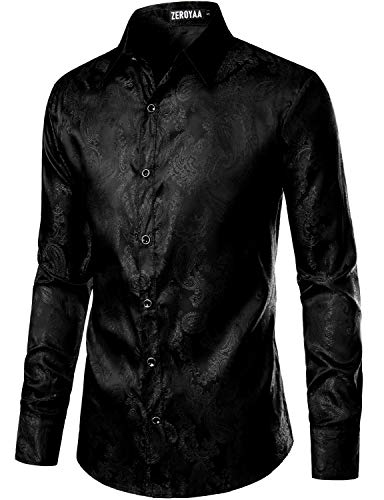 ZEROYAA Herren Paisley Jacquard Slim Fit Langarm Knopfleiste Hemd für Party Abschlussball - Schwarz - Groß von ZEROYAA